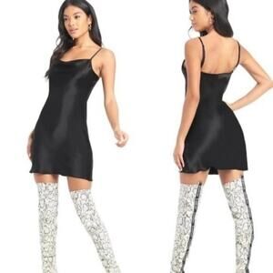 Bebe Sz S Black Satin Cowl Neck Slip Dress Mini Elegant Sexy LBD Minimalist